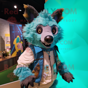 Turquoise Hyena mascot costume character dressed with a Parka and Suspenders