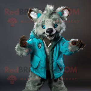 Turquoise Hyena mascot costume character dressed with a Parka and Suspenders