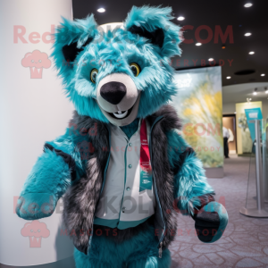 Turquoise Hyena mascot costume character dressed with a Parka and Suspenders