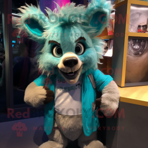 Turquoise Hyena mascot costume character dressed with a Parka and Suspenders