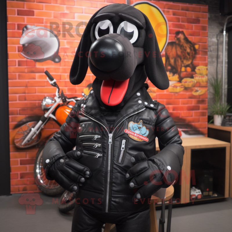 Black Hot Dogs mascot costume character dressed with a Biker Jacket and Tie pins