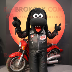 Black Hot Dogs mascot costume character dressed with a Biker Jacket and Tie pins