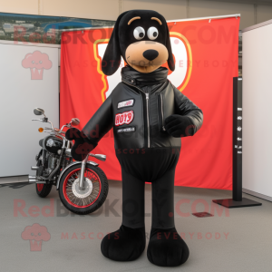 Black Hot Dogs mascot costume character dressed with a Biker Jacket and Tie pins