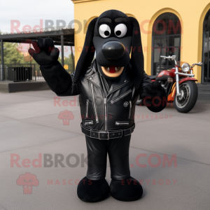 Black Hot Dogs mascot costume character dressed with a Biker Jacket and Tie pins