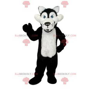 Mascota lobo cruel blanco y negro con sus enormes colmillos -