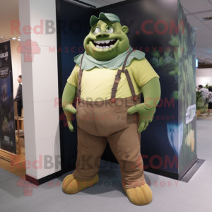Olive Ogre mascot costume character dressed with a Bootcut Jeans and Suspenders