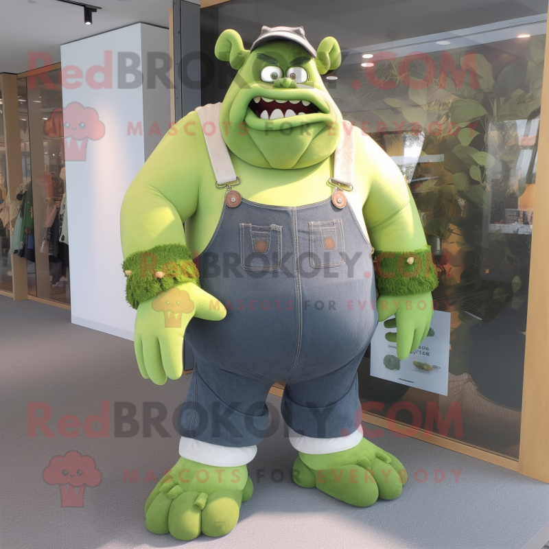 Olive Ogre mascot costume character dressed with a Bootcut Jeans and Suspenders