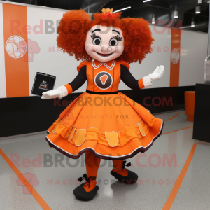 Orange Irish Dancer mascot costume character dressed with a Circle Skirt and Wallets