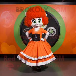 Orange Irish Dancer mascot costume character dressed with a Circle Skirt and Wallets