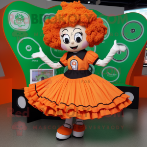 Orange Irish Dancer mascot costume character dressed with a Circle Skirt and Wallets