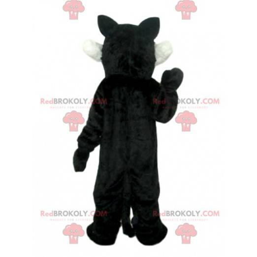 Mascote de lobo cruel preto e branco com suas enormes presas -