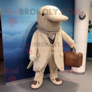 Beige Humpback Whale mascot costume character dressed with a Suit Jacket and Handbags