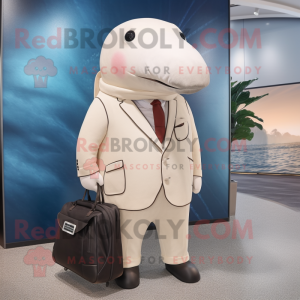 Beige Humpback Whale mascot costume character dressed with a Suit Jacket and Handbags