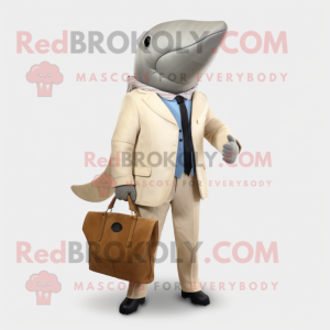 Beige Humpback Whale mascot costume character dressed with a Suit Jacket and Handbags