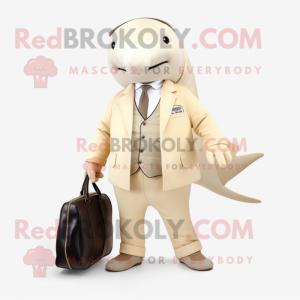 Beige Humpback Whale mascot costume character dressed with a Suit Jacket and Handbags