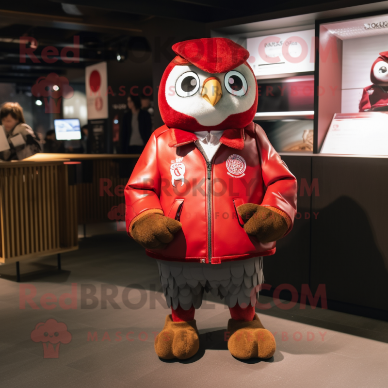 Red Owl mascot costume character dressed with a Bomber Jacket and Wallets