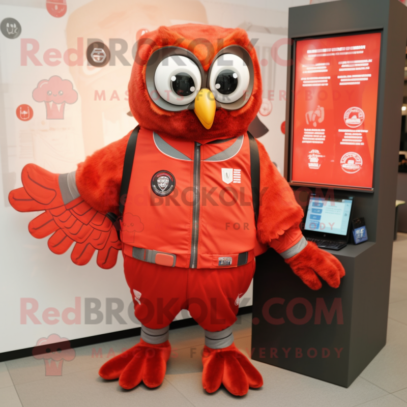 Red Owl mascot costume character dressed with a Bomber Jacket and Wallets