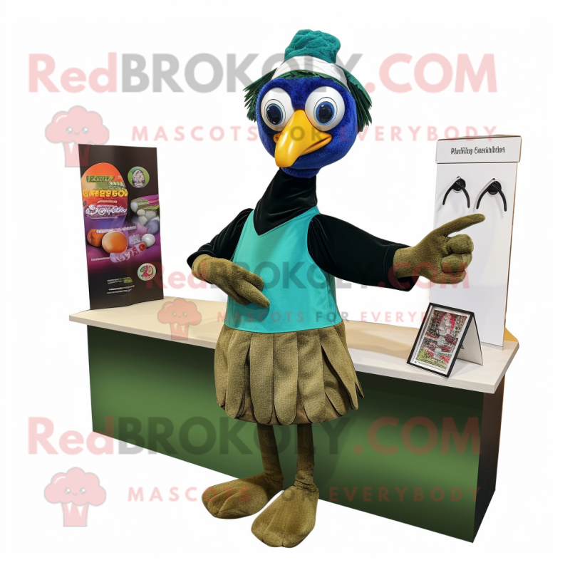 Olive Peacock mascot costume character dressed with a Dress Pants and Scarves