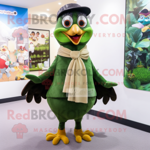 Olive Peacock mascot costume character dressed with a Dress Pants and Scarves