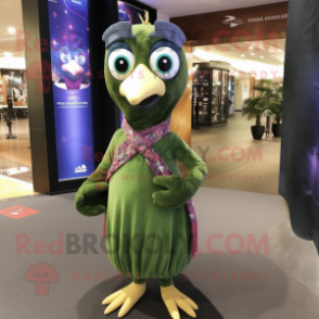 Olive Peacock mascot costume character dressed with a Dress Pants and Scarves