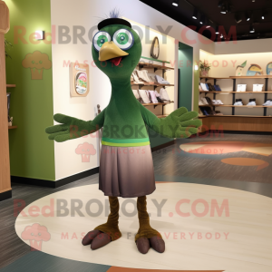 Olive Peacock mascot costume character dressed with a Dress Pants and Scarves