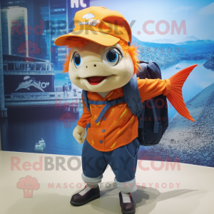 nan Goldfish mascot costume character dressed with a Oxford Shirt and Backpacks
