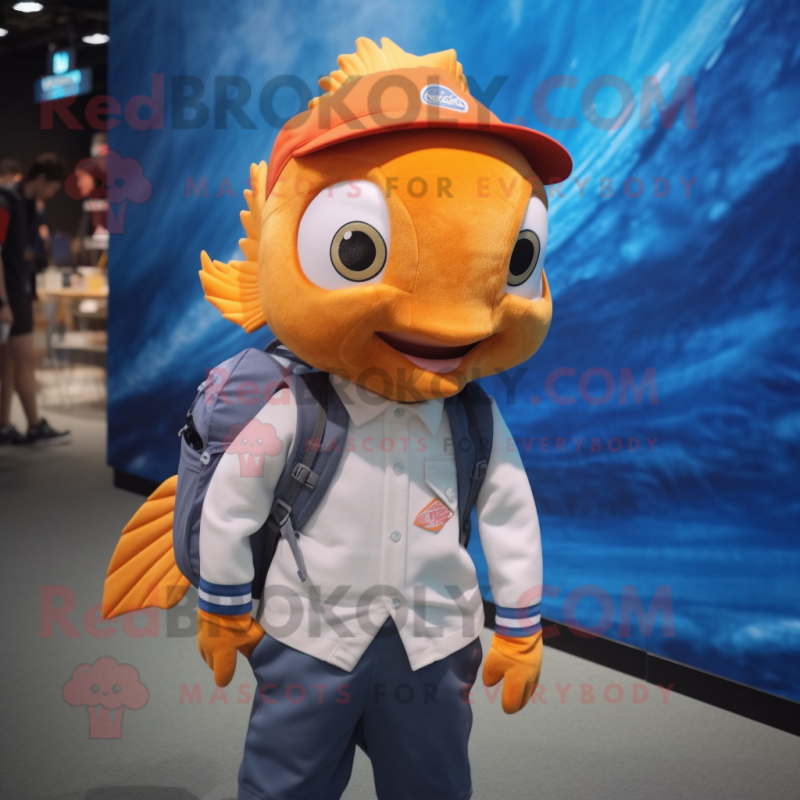 nan Goldfish mascot costume character dressed with a Oxford Shirt and Backpacks