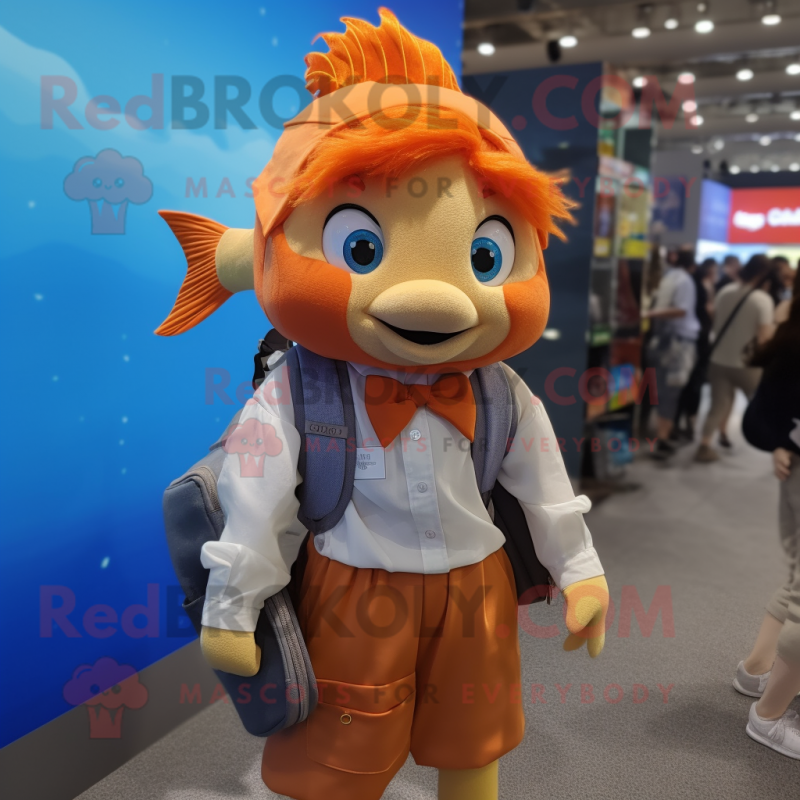 nan Goldfish mascot costume character dressed with a Oxford Shirt and Backpacks