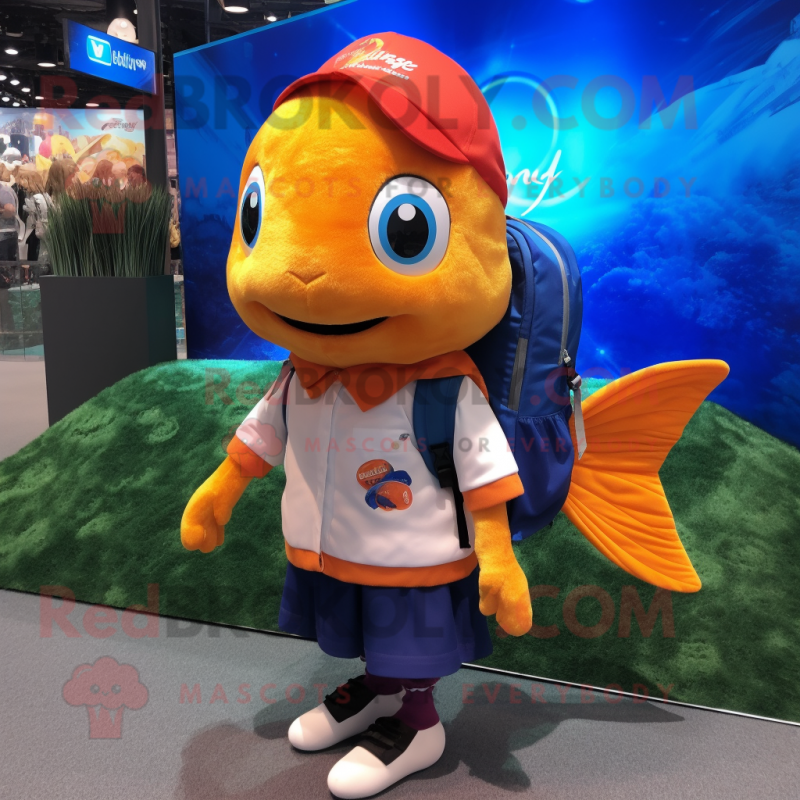 nan Goldfish mascot costume character dressed with a Oxford Shirt and Backpacks