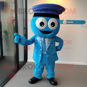 Blue Miso Soup mascot costume character dressed with a Suit and Headbands