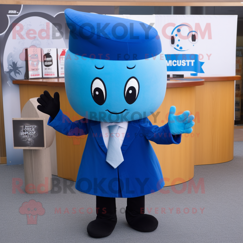 Blue Miso Soup mascot costume character dressed with a Suit and Headbands Blue Miso Soup mascot costume character dressed with a Suit and Headbands