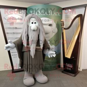 Gray Celtic Harp mascot costume character dressed with a Cardigan and Briefcases