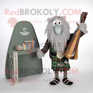 Gray Celtic Harp mascot costume character dressed with a Cardigan and Briefcases