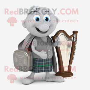 Gray Celtic Harp mascot costume character dressed with a Cardigan and Briefcases