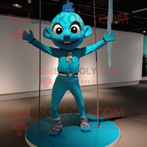 Turquoise Trapeze Artist mascot costume character dressed with a Capri Pants and Headbands