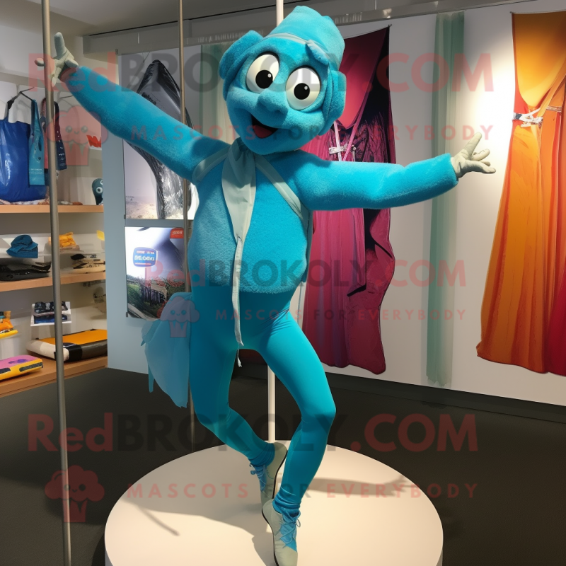 Turquoise Trapeze Artist mascot costume character dressed with a Capri Pants and Headbands