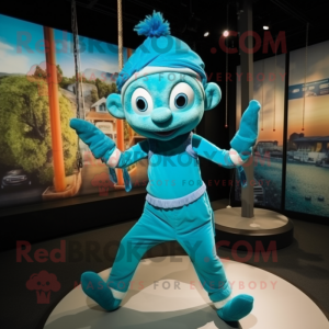 Turquoise Trapeze Artist mascot costume character dressed with a Capri Pants and Headbands