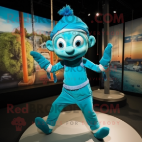 Turquoise Trapeze Artist mascot costume character dressed with a Capri Pants and Headbands