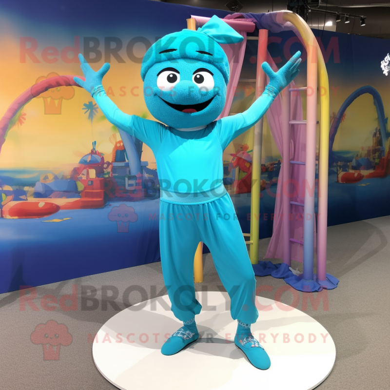 Turquoise Trapeze Artist mascot costume character dressed with a Capri Pants and Headbands