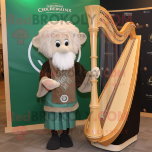 Cream Celtic Harp mascot costume character dressed with a Jacket and Earrings