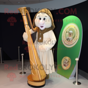 Cream Celtic Harp mascot costume character dressed with a Jacket and Earrings