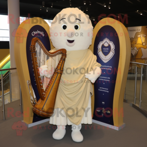 Cream Celtic Harp mascot costume character dressed with a Jacket and Earrings