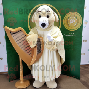 Cream Celtic Harp mascot costume character dressed with a Jacket and Earrings