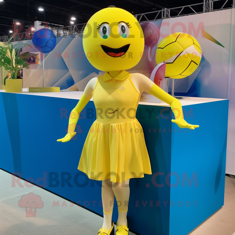 Yellow Volleyball Ball mascot costume character dressed with a Shift Dress and Earrings Yellow Volleyball Ball mascot costume character dressed with a Shift Dress and Earrings