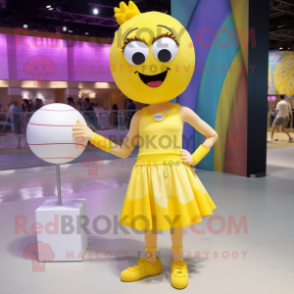 Yellow Volleyball Ball mascot costume character dressed with a Shift Dress and Earrings