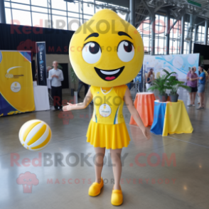 Yellow Volleyball Ball mascot costume character dressed with a Shift Dress and Earrings