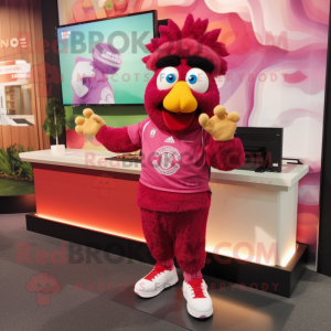 Magenta Chicken Parmesan mascot costume character dressed with a Joggers and Brooches