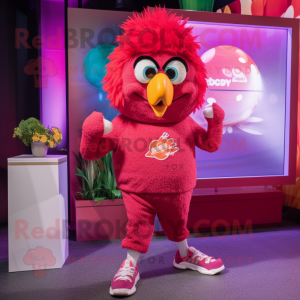Magenta Chicken Parmesan mascot costume character dressed with a Joggers and Brooches