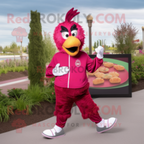 Magenta Chicken Parmesan mascot costume character dressed with a Joggers and Brooches