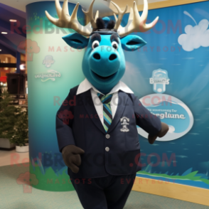 Blue Irish Elk mascot costume character dressed with a Tuxedo and Tie pins